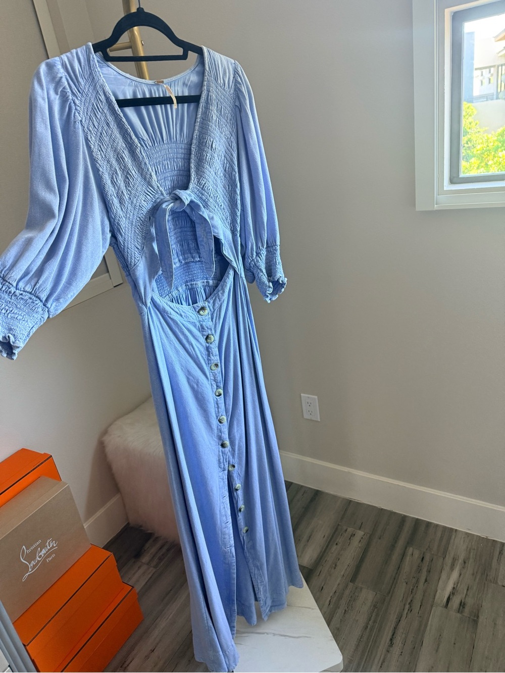 Free People Light Blue Smocked Tie-Front Maxi Dress